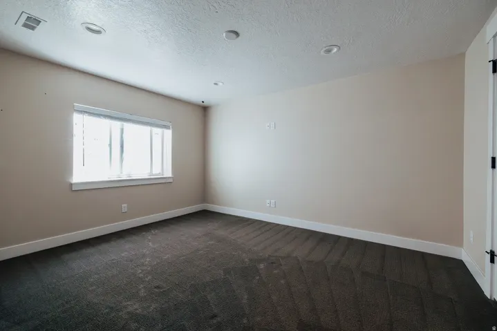 Neutral-toned walls complement the dark textured carpet