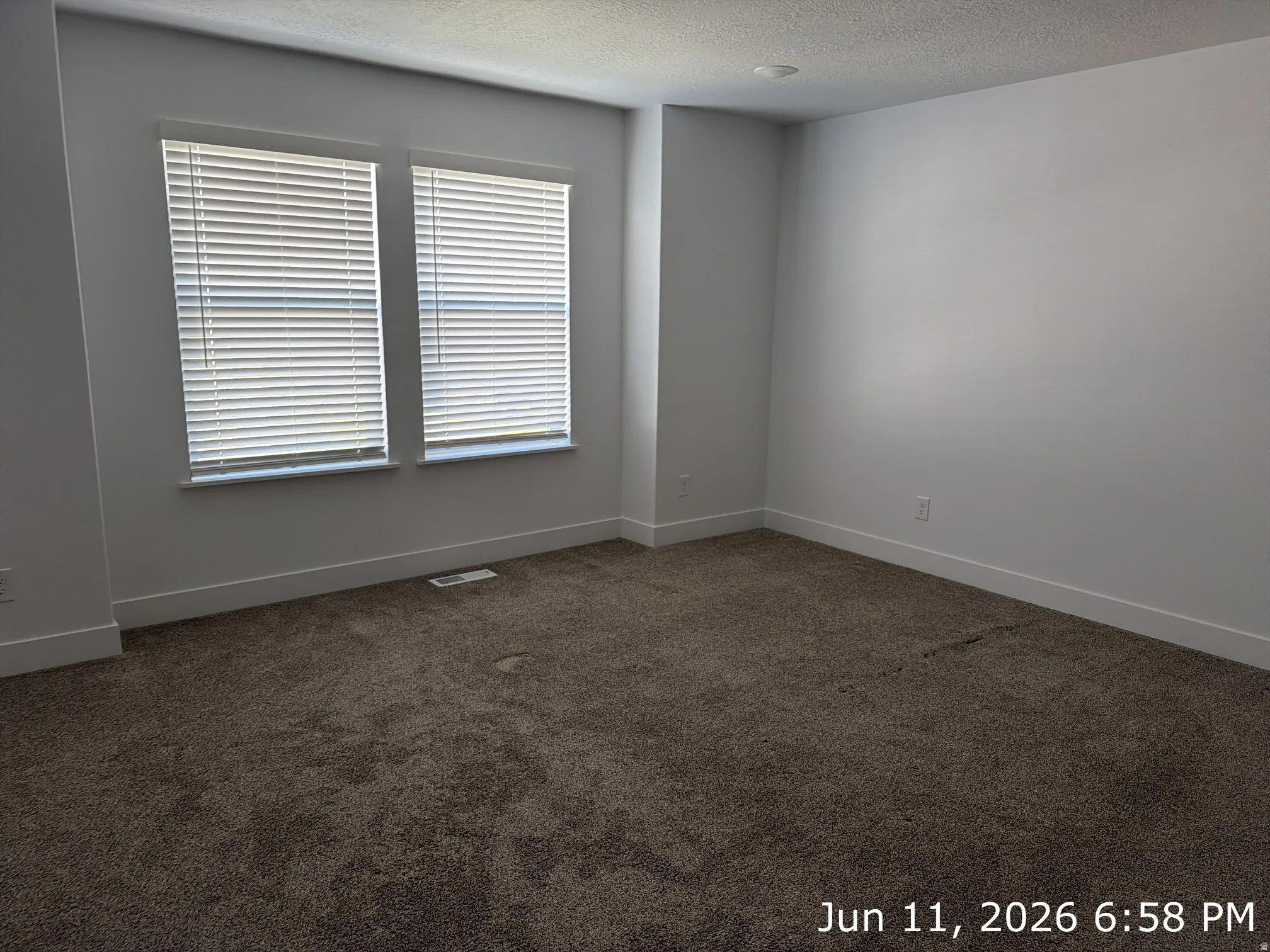Spacious room featuring neutral carpeting, white baseboards, and two windows with blinds