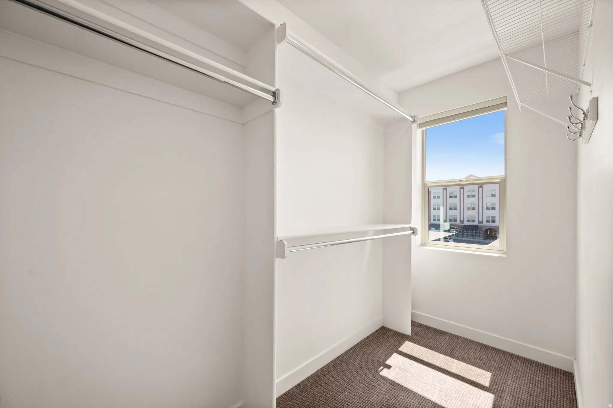 Walk-in closet featuring built-in shelving, dual hanging rods, window, wire shelving, and carpet flooring
