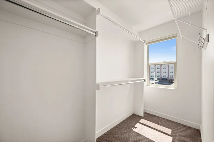 Walk-in closet featuring built-in shelving, dual hanging rods, window, wire shelving, and carpet flooring