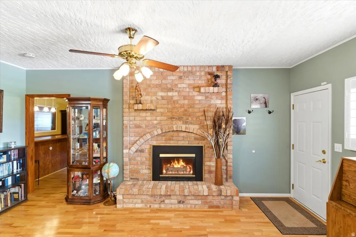 Brick fireplace with an arched firebox and hearth