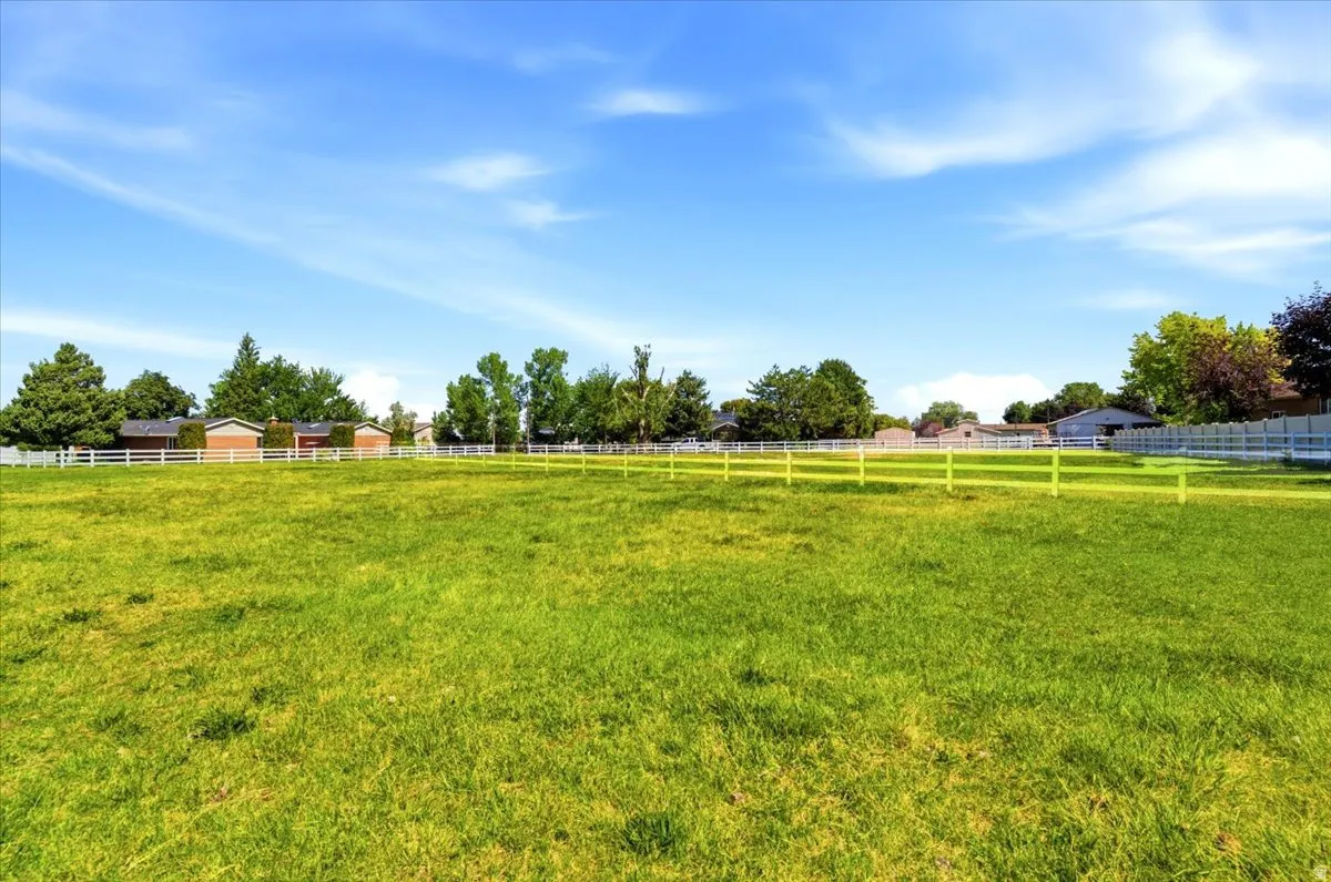 Expansive grassy field with a perimeter fence and scattered trees