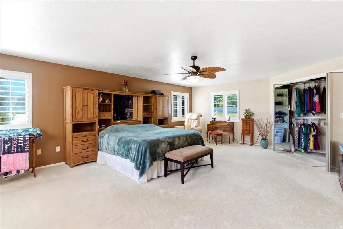 Spacious room featuring light-colored carpeting, multiple windows with white shutters, and a ceiling fan