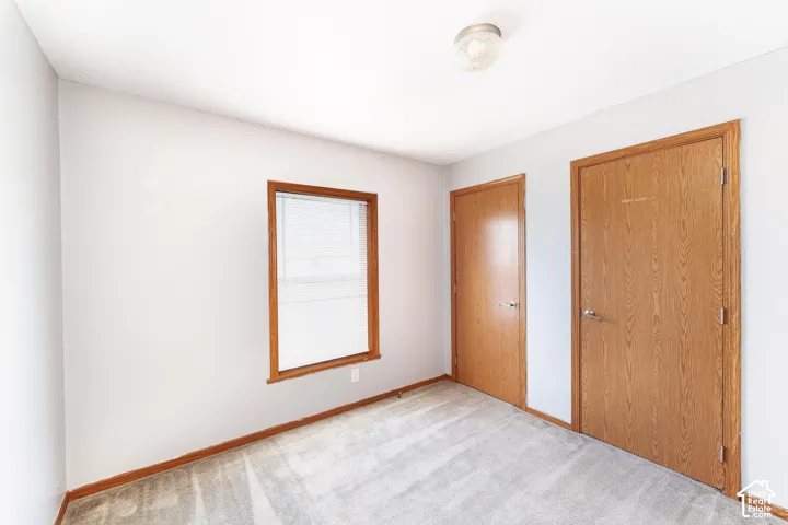 Interior space featuring neutral wall tones, carpeted flooring, two wood-finish doors, a single window with wooden trim, and a flush-mount ceiling light fixture