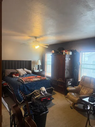 Carpeted room featuring a ceiling fan with integrated lighting, multiple windows with blinds, and a built-in wooden wardrobe