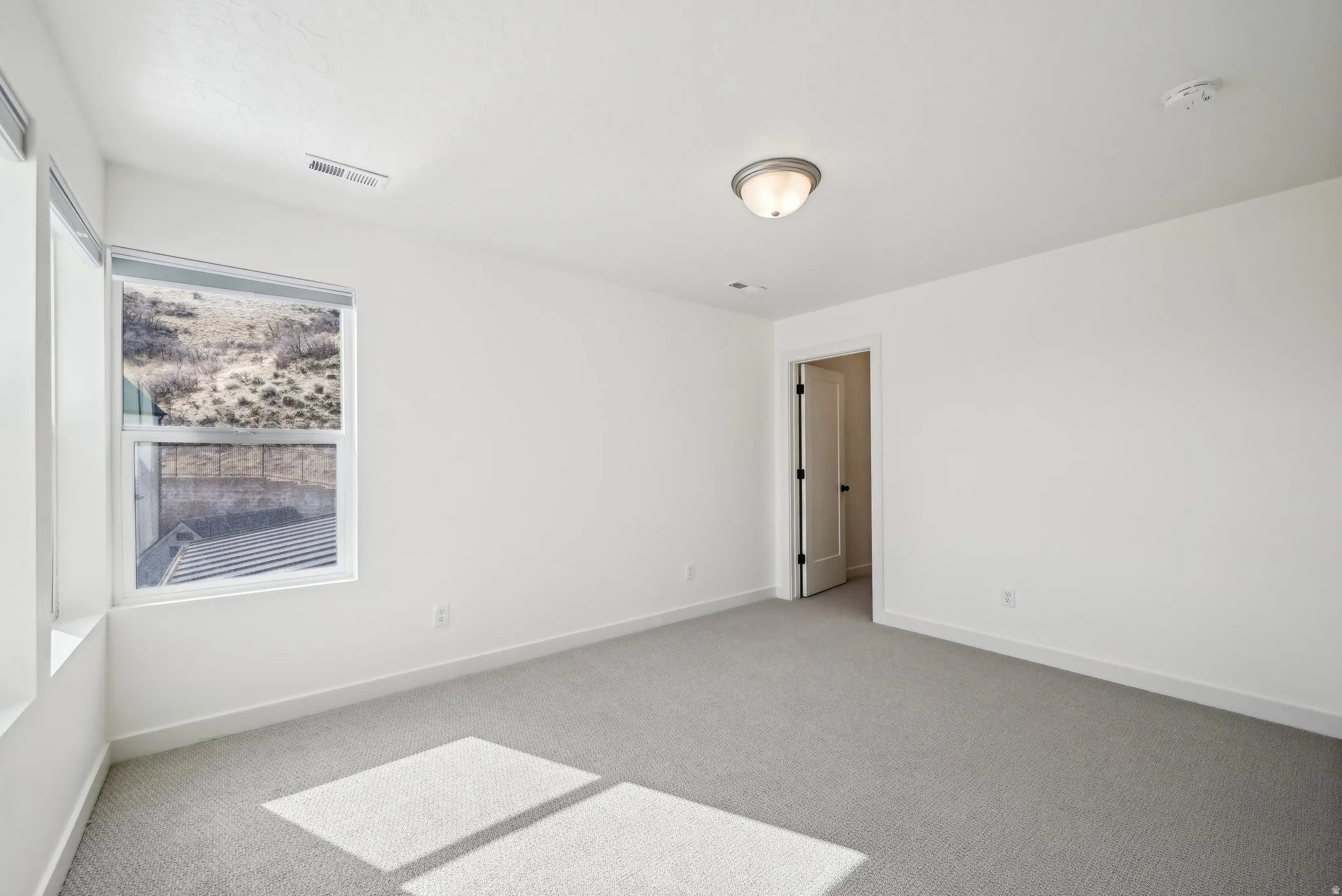 Bright interior room featuring light gray carpeting and white walls