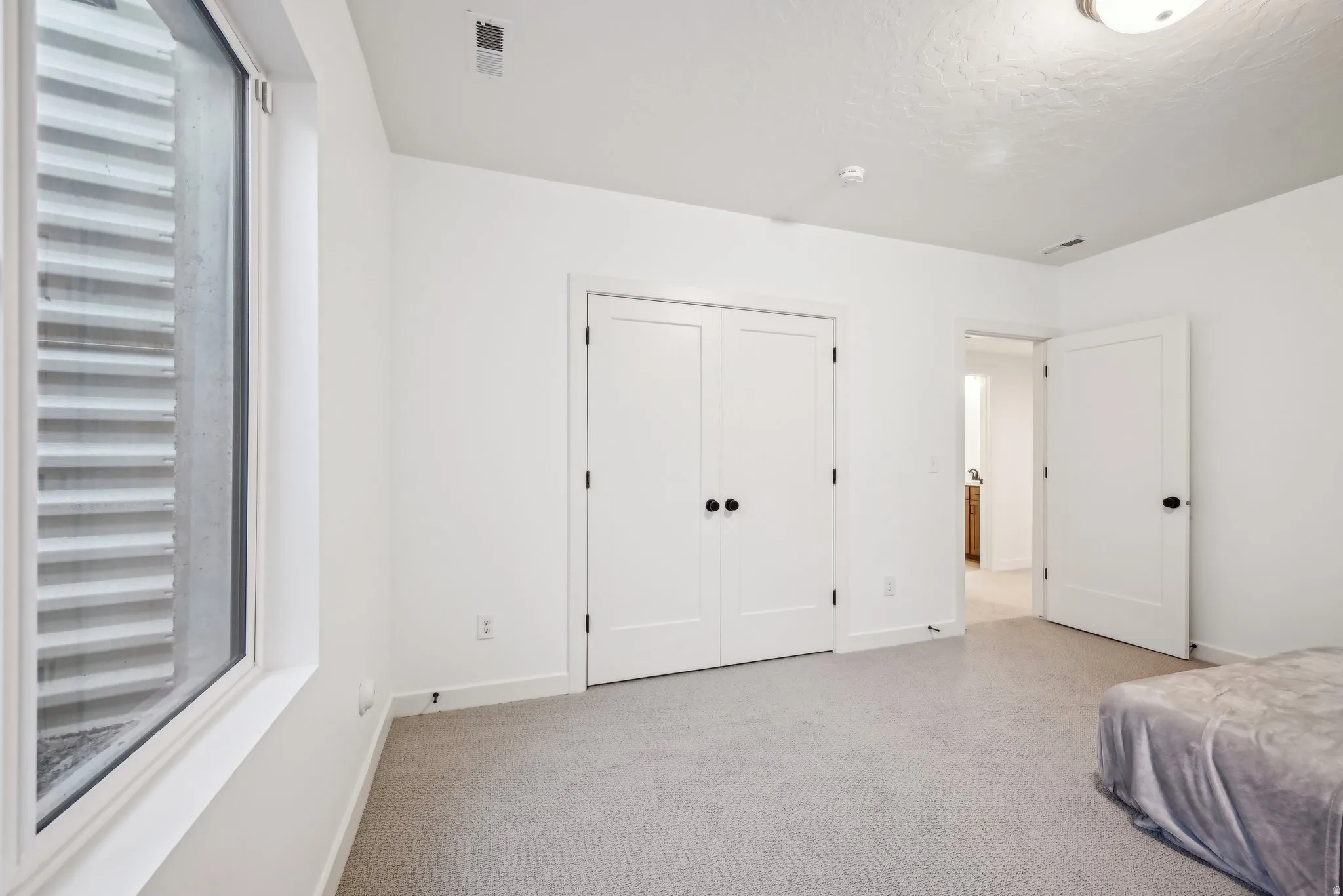Bright room featuring neutral carpeting, a large window, white trim, and a double-door closet