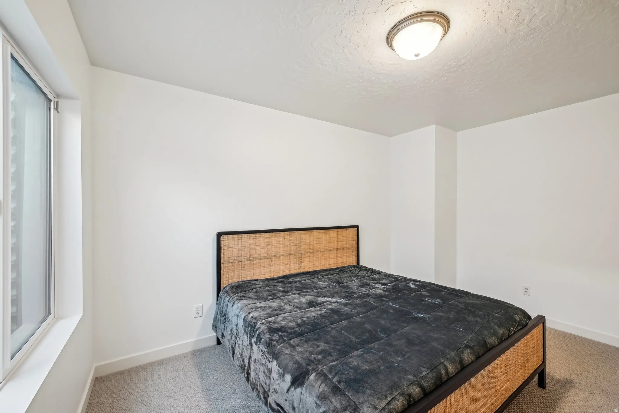 Bright room featuring a large window, neutral carpeting, white walls, and a semi-flush mount ceiling light