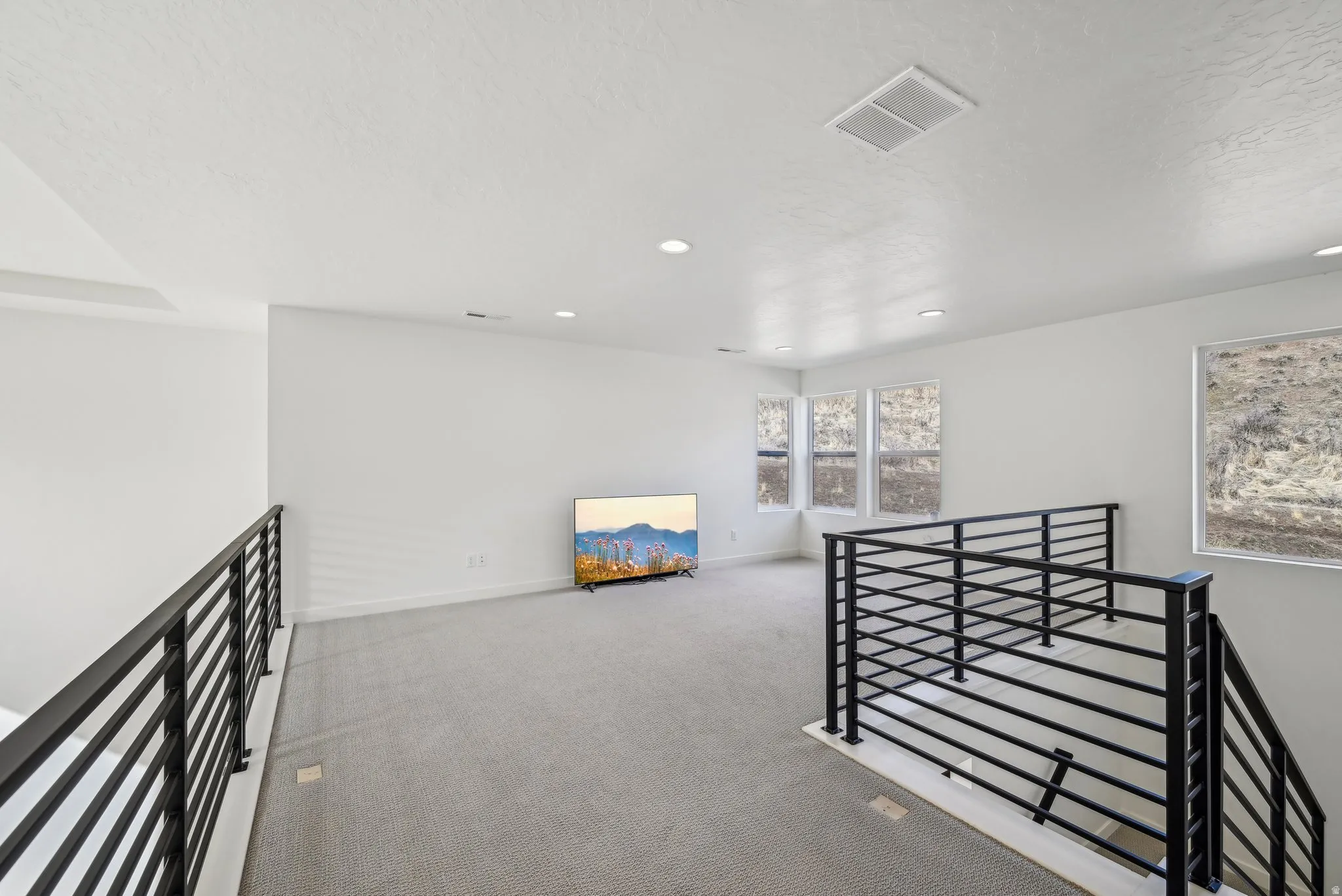 Spacious upper-level landing featuring carpeted flooring and modern black horizontal bar railings