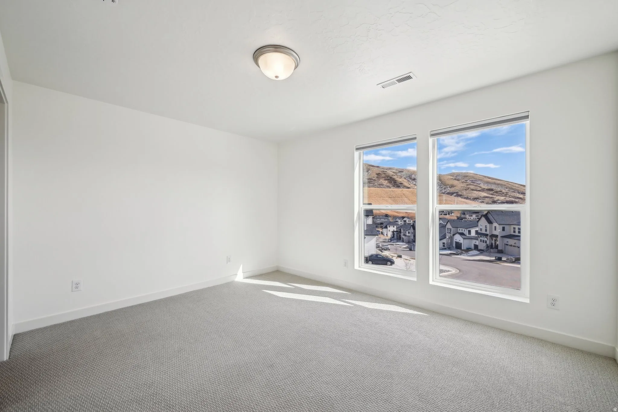 Carpeted interior room featuring bright white walls, two large windows, a flush-mount ceiling light fixture, and a scenic mountain backdrop