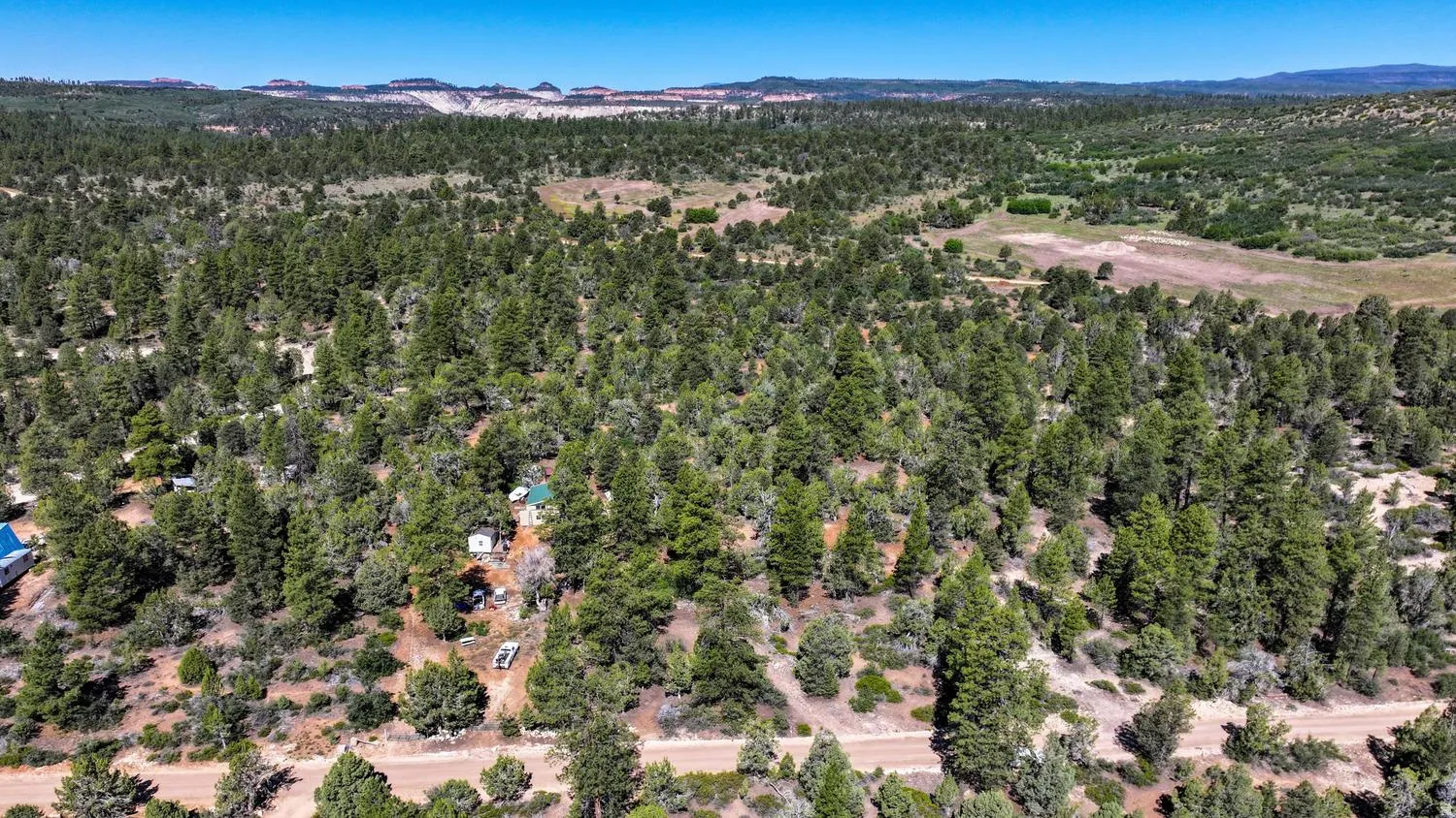 Expansive wooded landscape featuring a natural dirt road and scattered structures