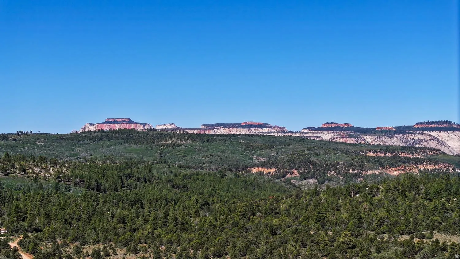 Expansive natural landscape featuring evergreen forests and distant rock formations under a clear sky