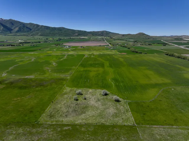 Expansive agricultural landscape with diverse green fields, distant mountain range, and scattered rural structures under a clear sky