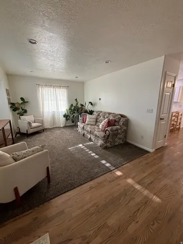 Recessed lighting illuminates this living space featuring a window with blinds, brown carpet, and wood-finish flooring