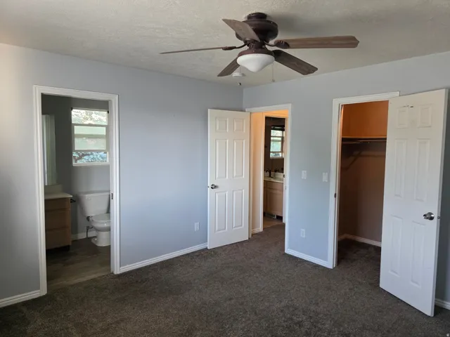 Carpeted room with a ceiling fan, featuring a bathroom with a window and a wood-finish vanity, and a separate closet space