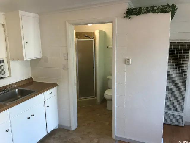 Compact kitchen area featuring white cabinetry with brushed nickel hardware, a stainless steel sink, and a brown countertop