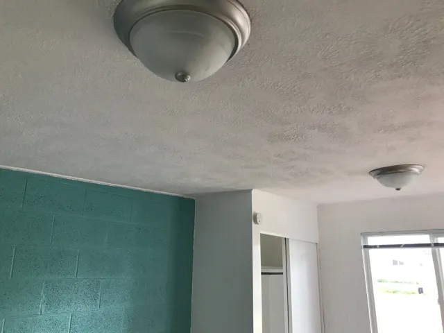 Textured ceiling with two flush-mount light fixtures
