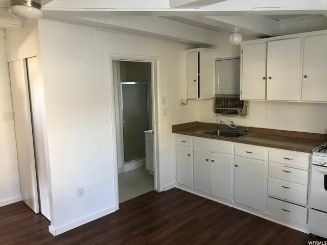 Kitchenette featuring wood-finish flooring, white cabinetry, a built-in sink, and a countertop