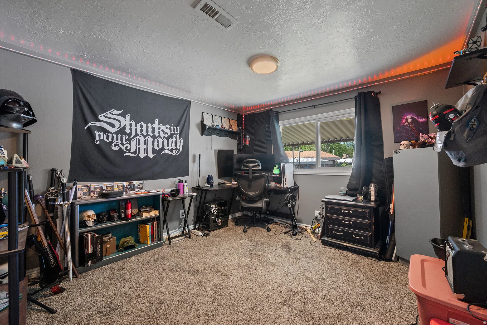 Carpeted room featuring a large window; used as Office Space