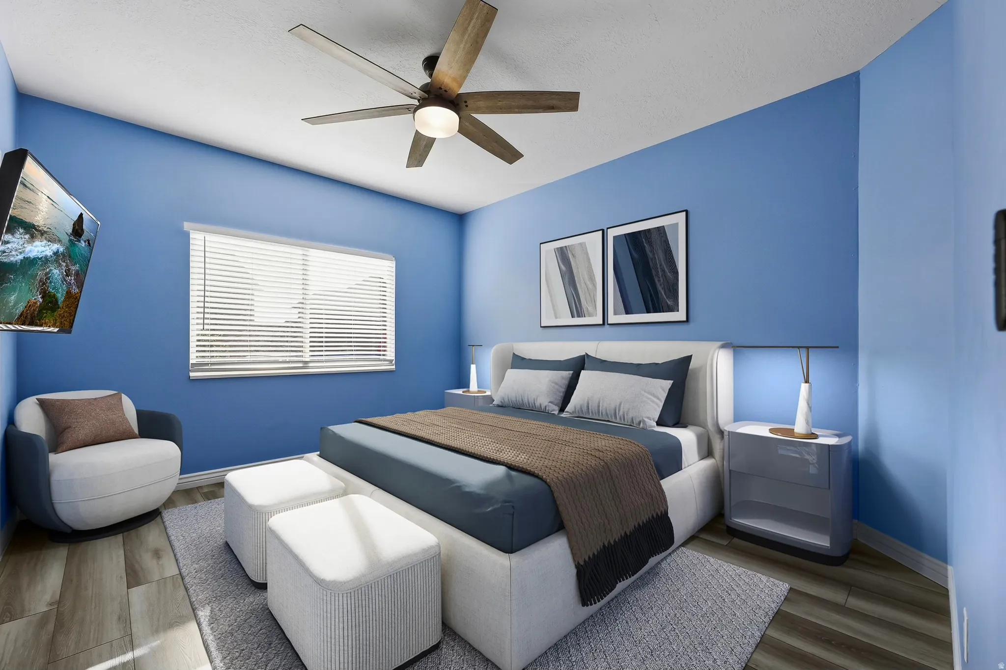 Spacious room featuring wood-finish flooring, a ceiling fan with integrated lighting, and a window with horizontal blinds
