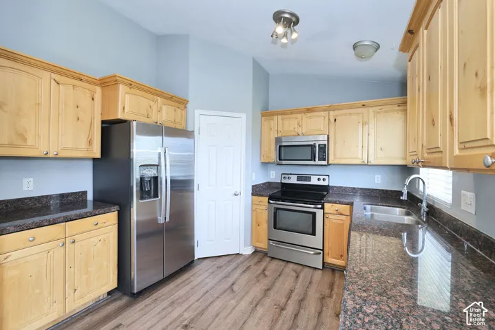 Kitchen featuring wood-finish cabinetry, dark speckled countertops, and stainless steel appliances