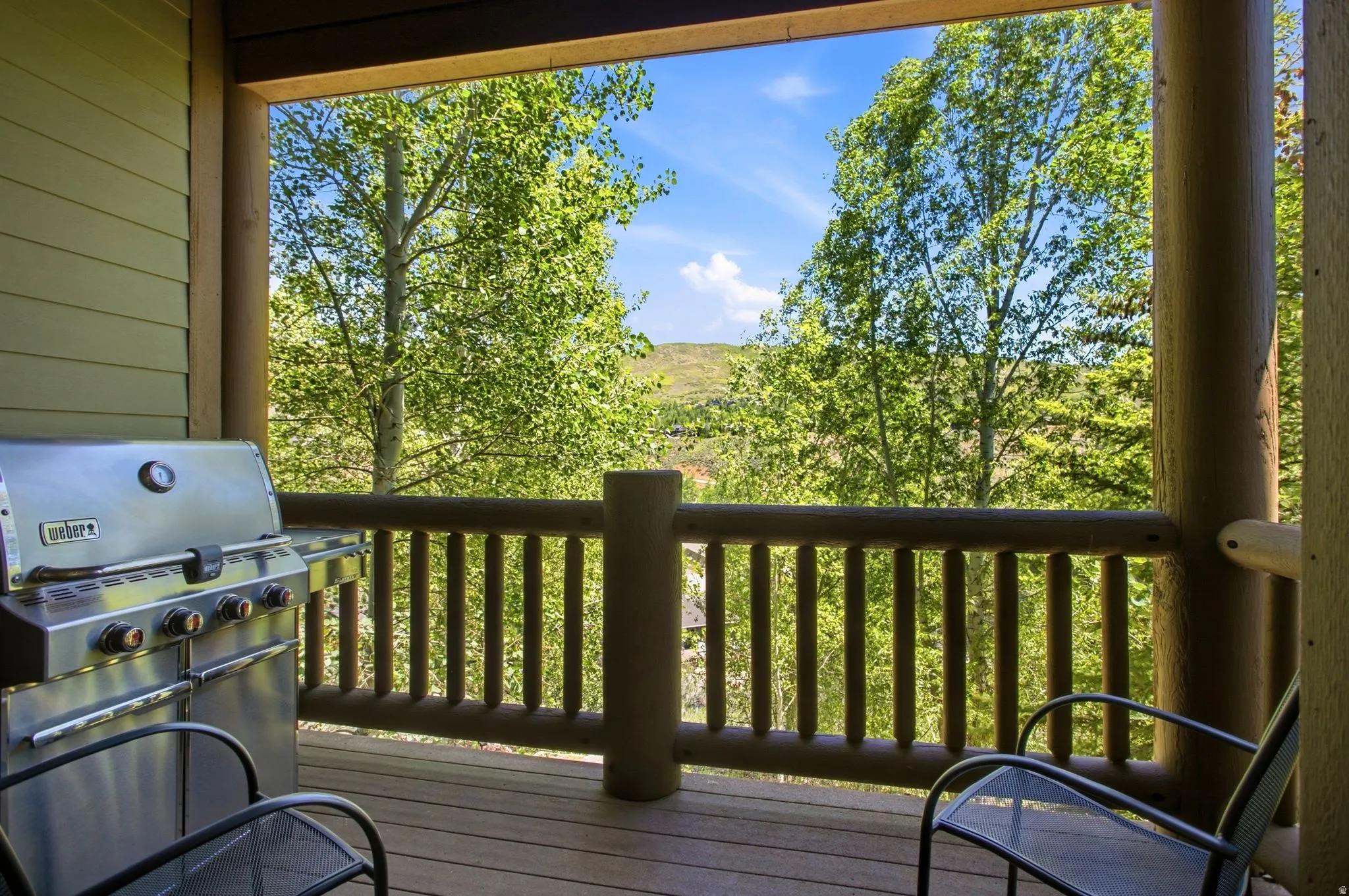 Spacious outdoor deck featuring wood-finish flooring, a log railing, and a slatted wall