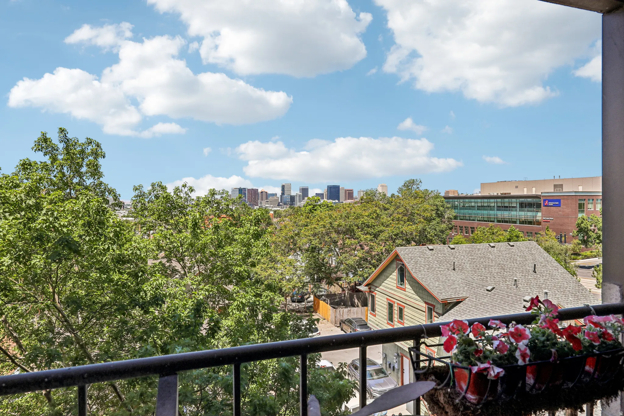 Skyline scenery featuring distant buildings and abundant mature trees