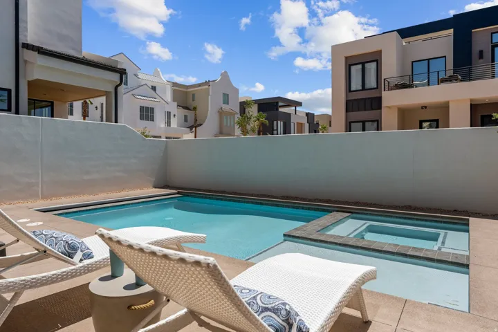 Private outdoor area featuring a swimming pool with an integrated spa, surrounded by concrete decking and a perimeter wall