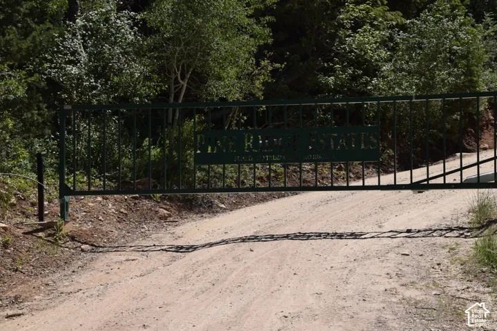 Dark green metal entry gate with "PINE RIDGE ESTATES" lettering, set against a backdrop of dense woodland, opening onto a dirt road