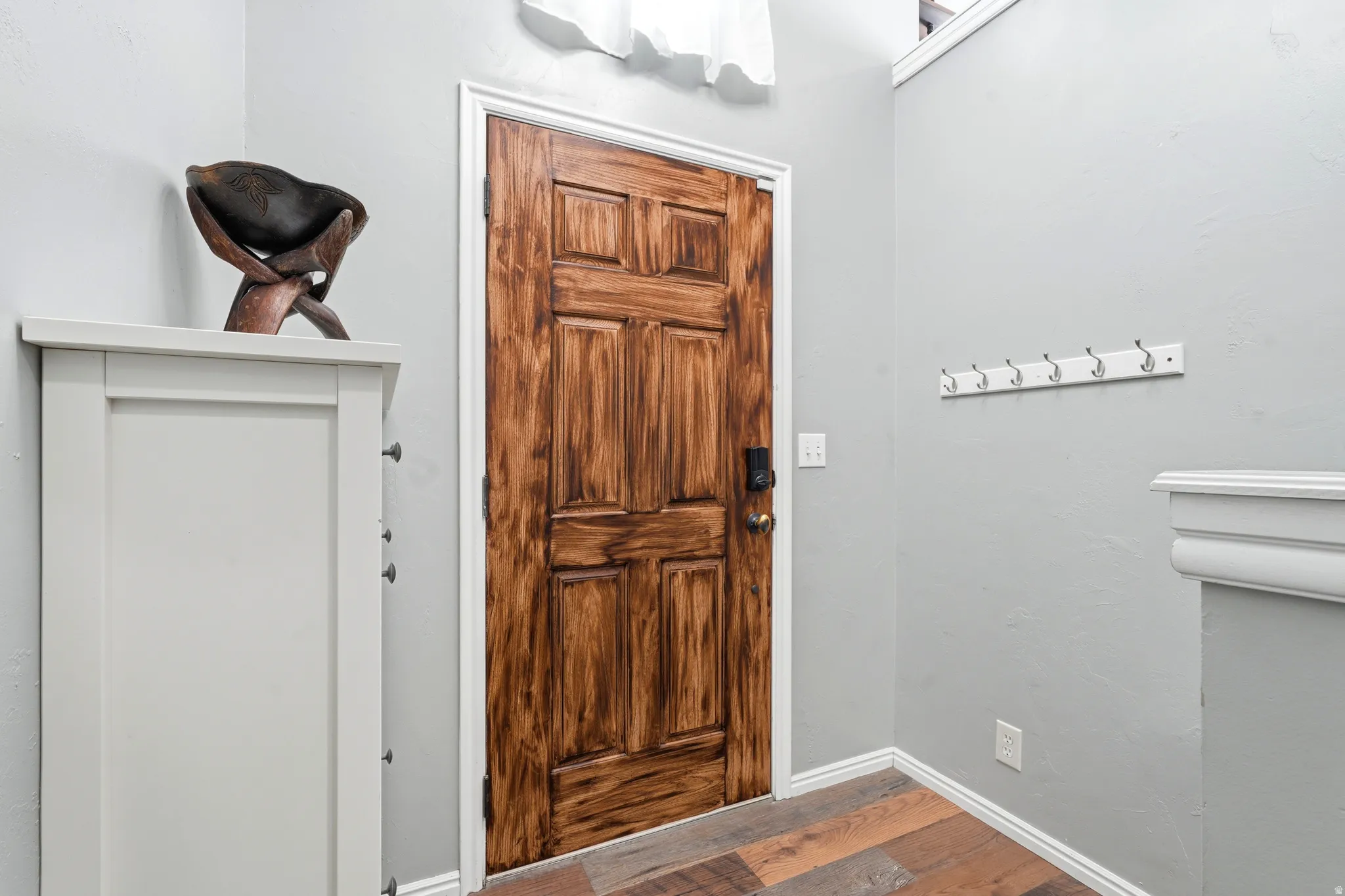 Paneled wood entry door with dark hardware, light gray walls, white baseboards, and wood-finish flooring