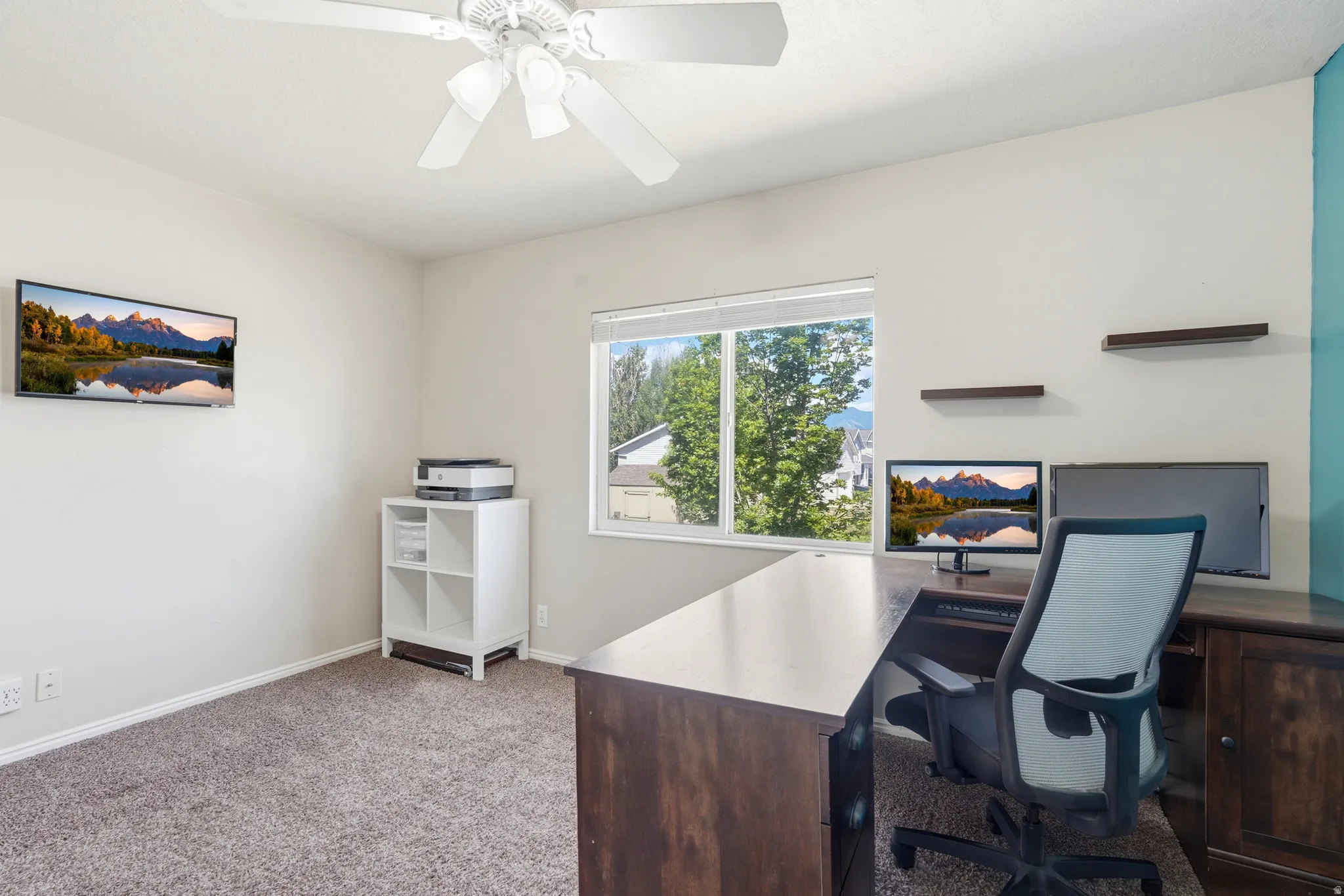 Carpeted room featuring a white ceiling fan, a large window, and light-toned walls