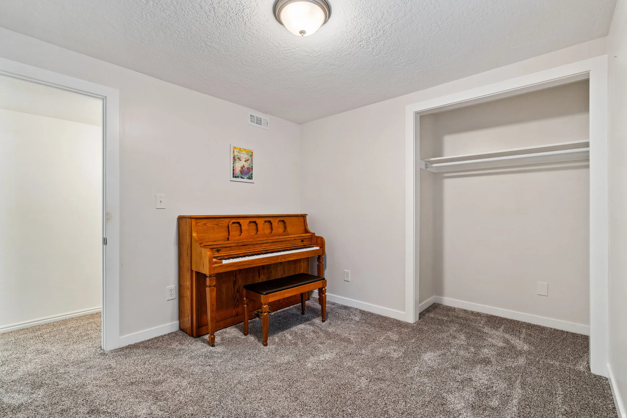 Room featuring neutral wall tones, gray plush carpeting, and a recessed closet with shelving and a hanging rod
