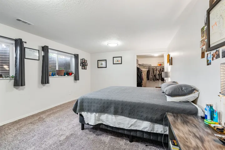 Spacious room featuring neutral carpeting, white walls, multiple windows, a ceiling-mounted light fixture, and an open closet with shelving and hanging rods
