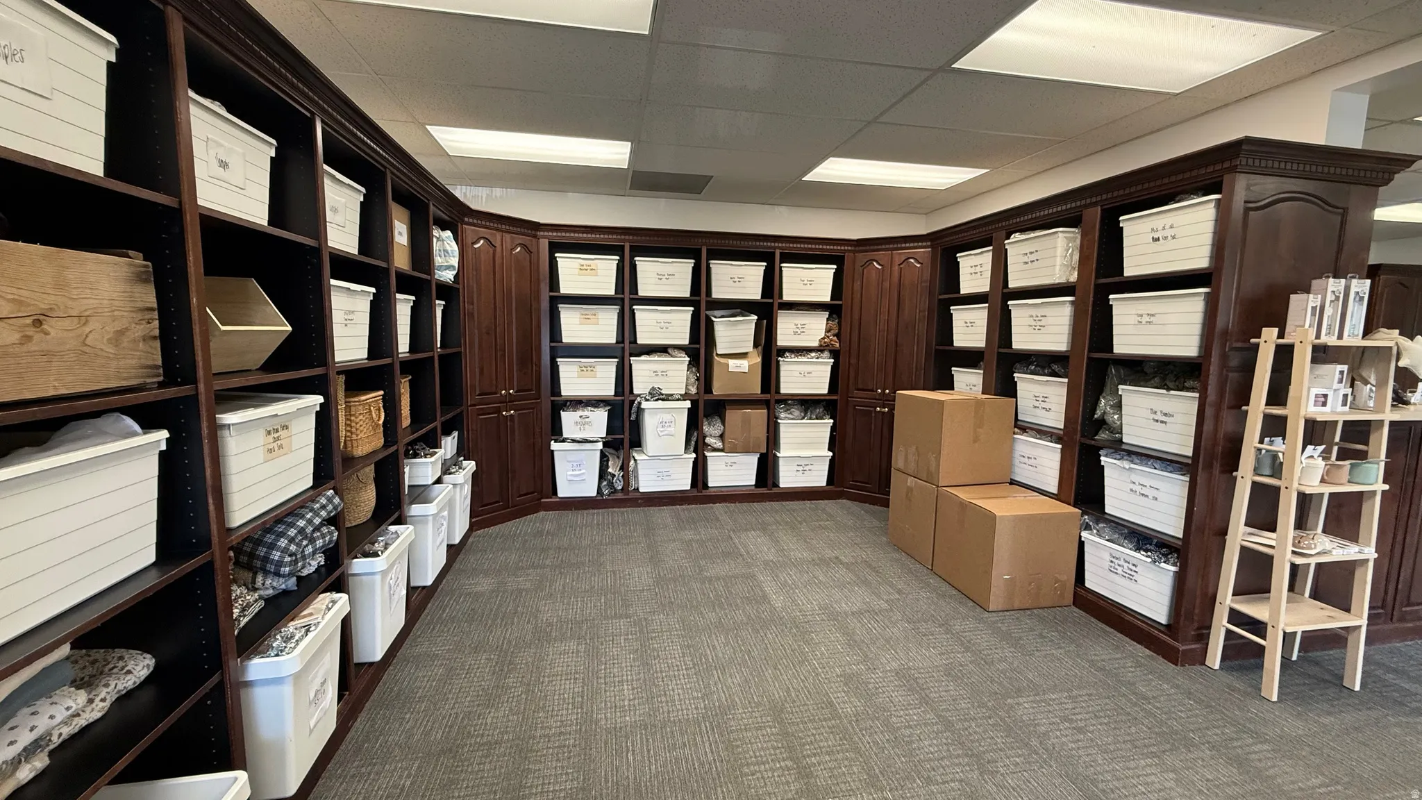 Extensive built-in shelving with crown molding, dark wood-finish cabinetry, recessed lighting, and carpeted flooring