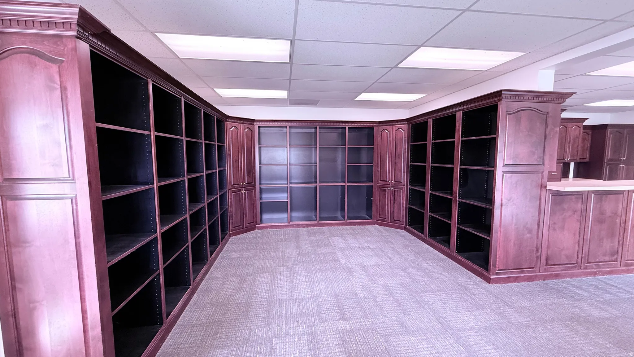 Extensive built-in shelving with a rich wood finish, integrated cabinetry with a wood finish, textured carpet flooring, and recessed ceiling lighting