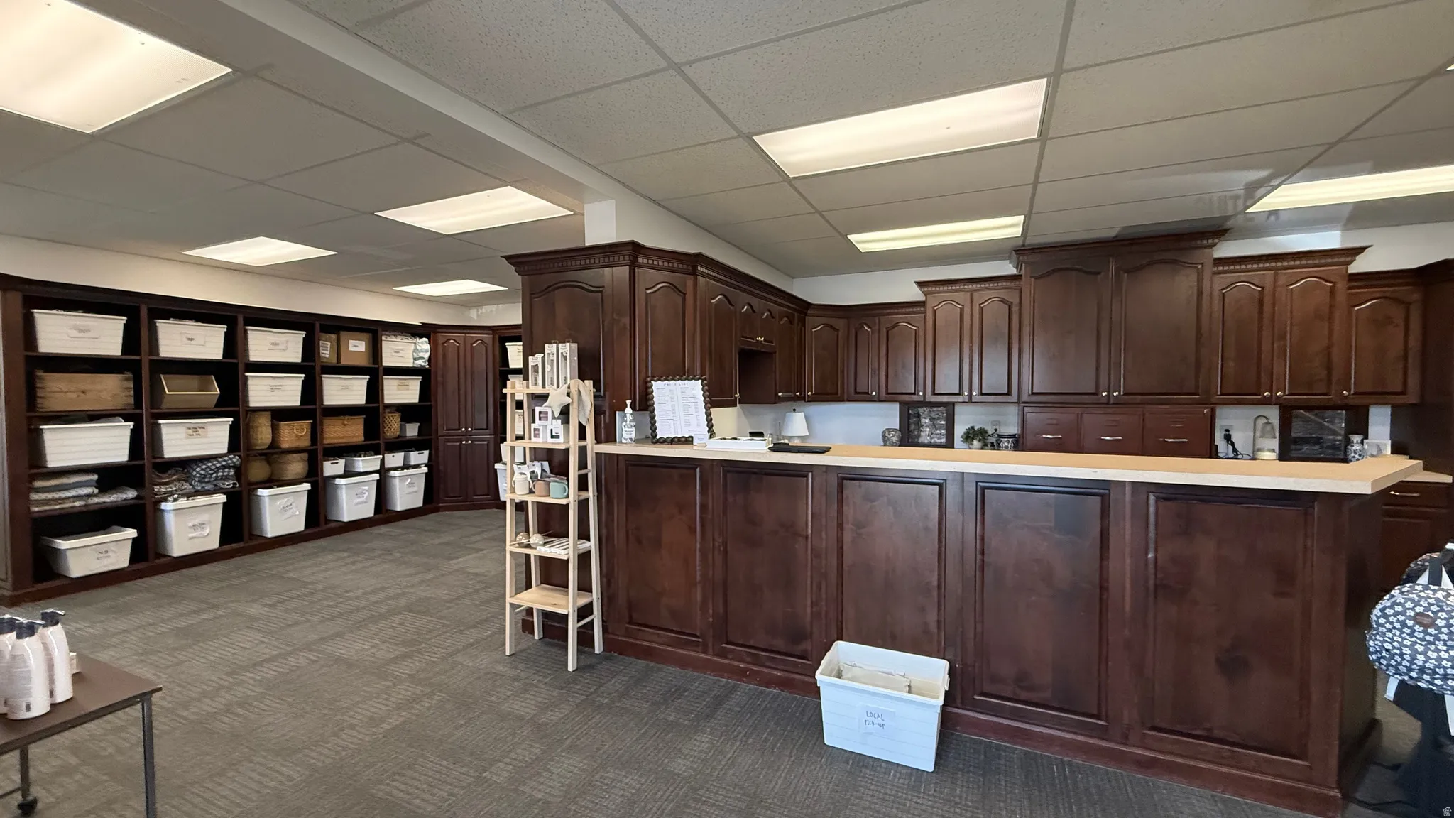Spacious interior featuring extensive dark wood cabinetry, overhead fluorescent lighting, a built-in counter surface, wall-mounted shelving, and carpeted flooring