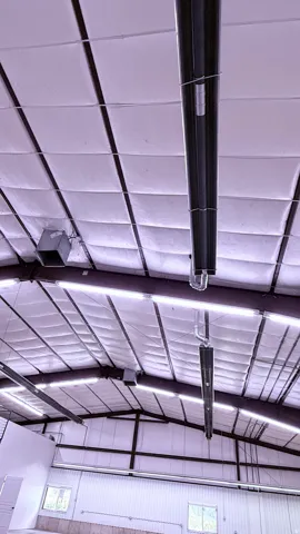 Vaulted ceiling with exposed steel beams, integrated linear lighting, and insulated ceiling panels