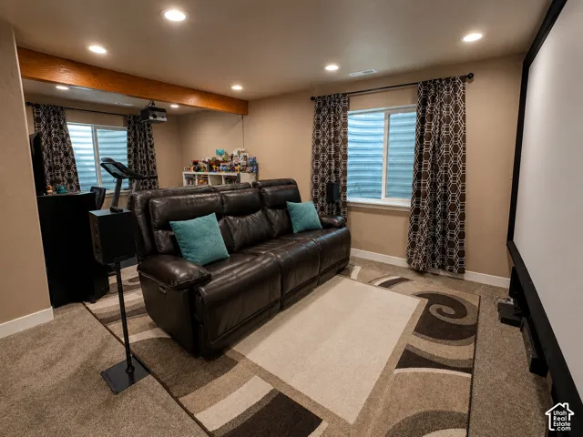Recreational room featuring recessed lighting, a large projection screen, and a decorative area rug over carpeted flooring