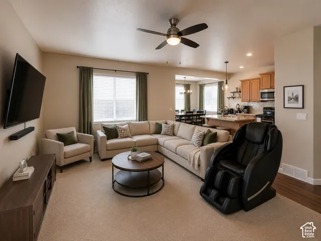 Open-concept living space featuring neutral-toned walls and carpeting
