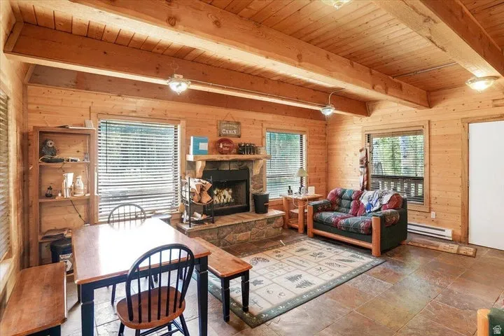 Living area featuring extensive wood-finish wall paneling, exposed wood ceiling beams, a stone-clad fireplace with a wood mantel, and large windows with horizontal blinds