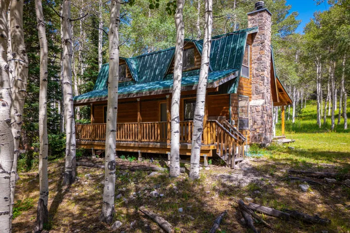 Wood-sided cabin featuring a green metal roof and a stone chimney