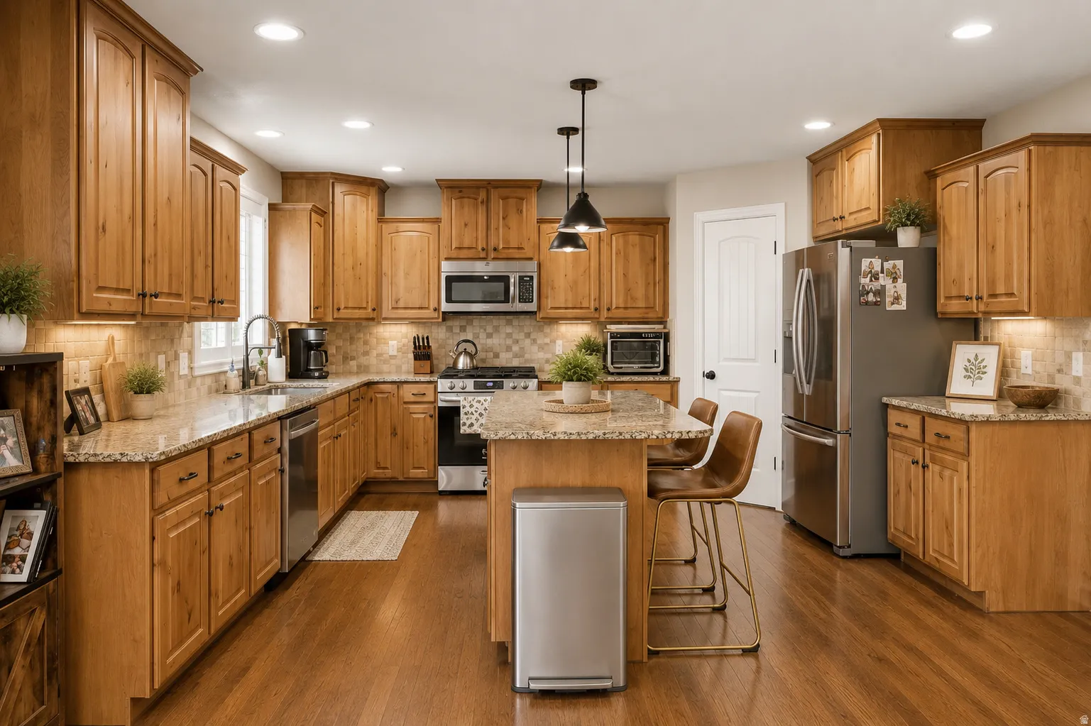 Kitchen featuring wood-finish cabinetry, light-toned countertops, and stainless steel appliances