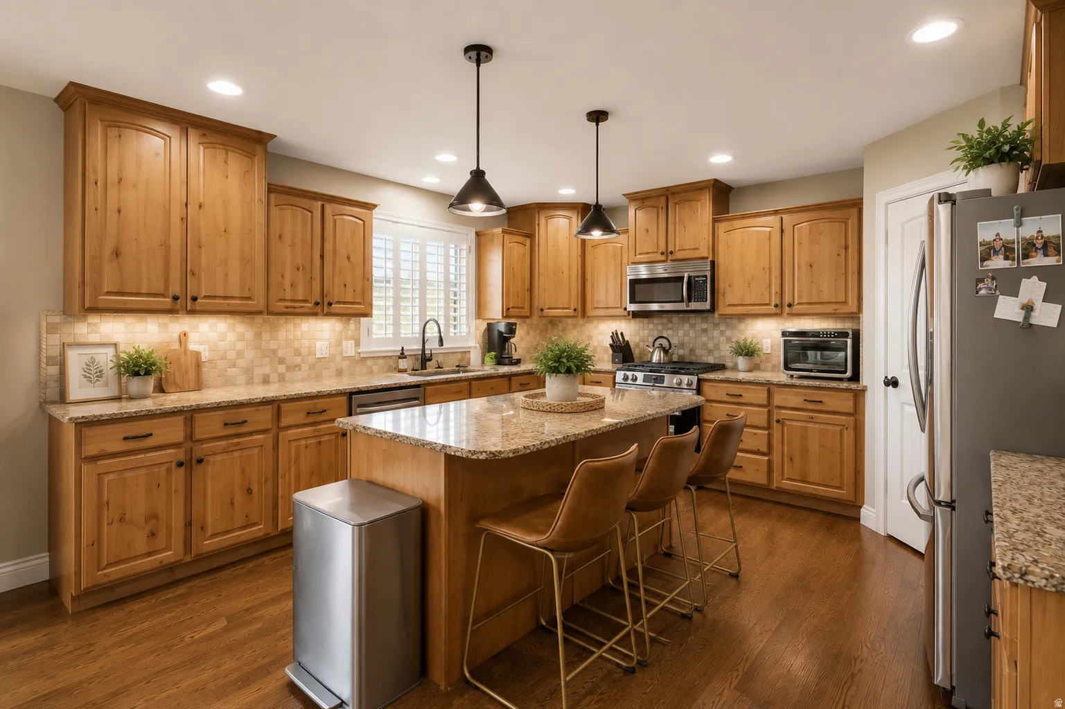Kitchen featuring wood-finish flooring, wood cabinetry, granite countertops, and stainless steel appliances