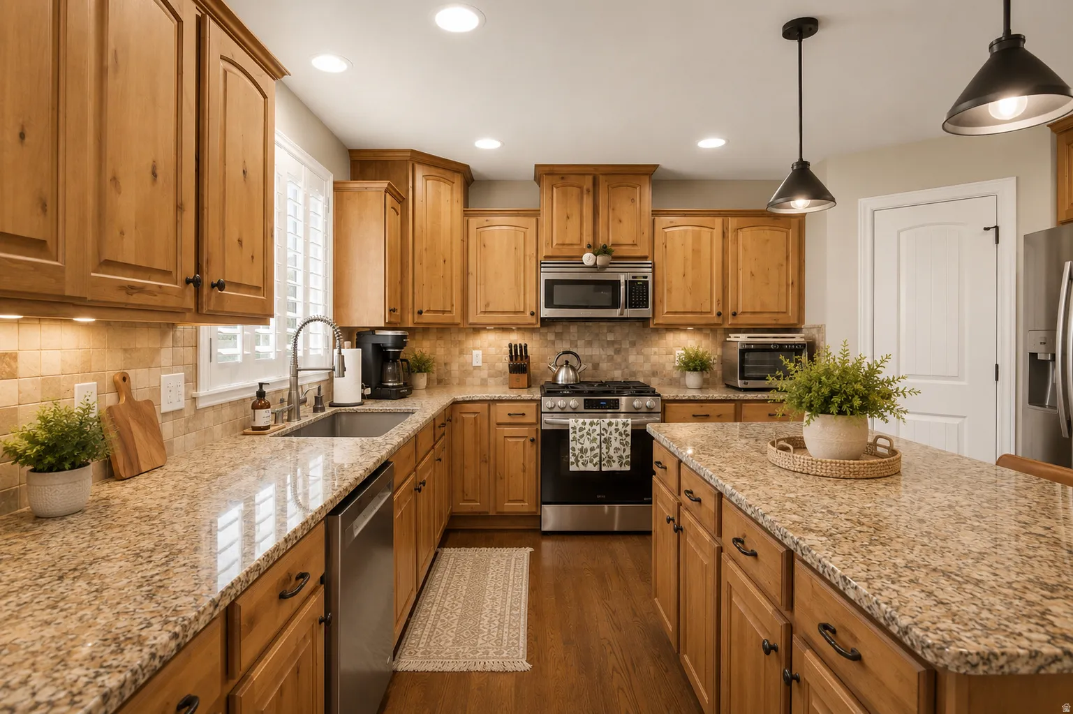 Kitchen featuring wood cabinetry, light-toned granite countertops, stainless steel appliances, a tiled backsplash, and recessed lighting