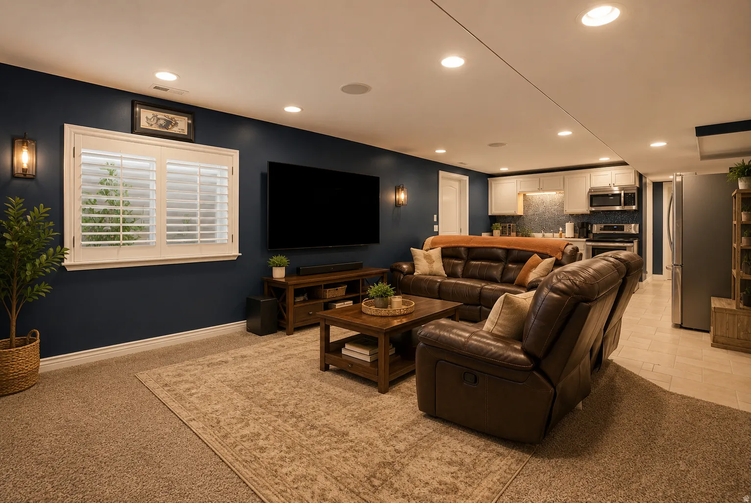Open-concept living area featuring recessed lighting, wall sconces, and neutral carpet flooring