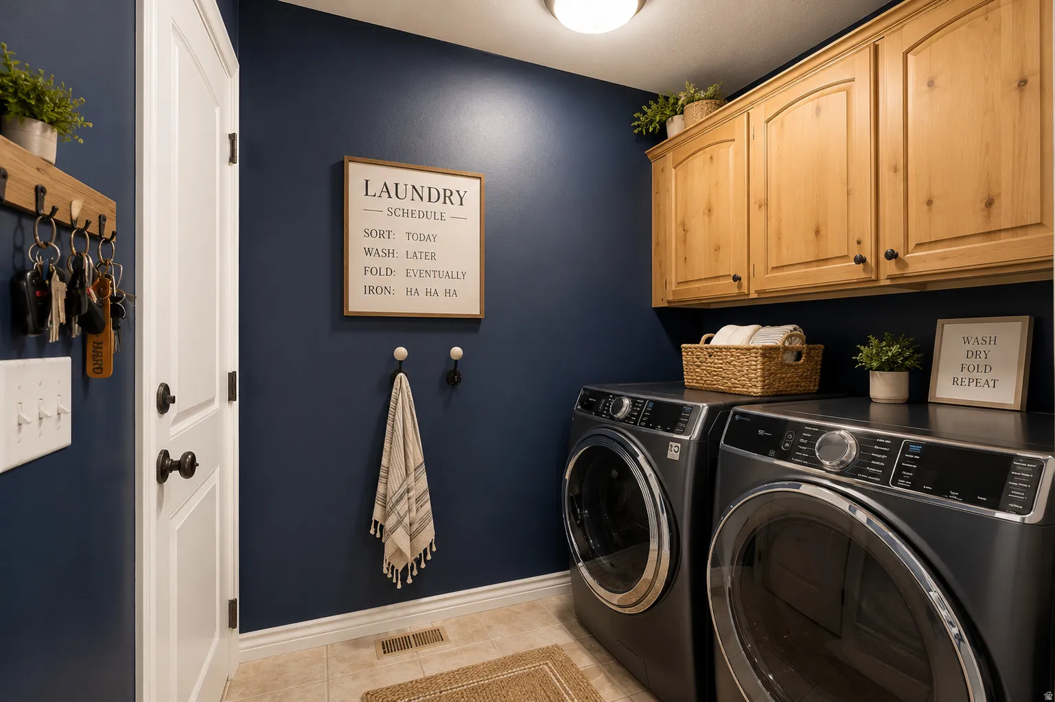 Dedicated laundry space featuring dark blue walls, light wood cabinetry, and neutral tile flooring