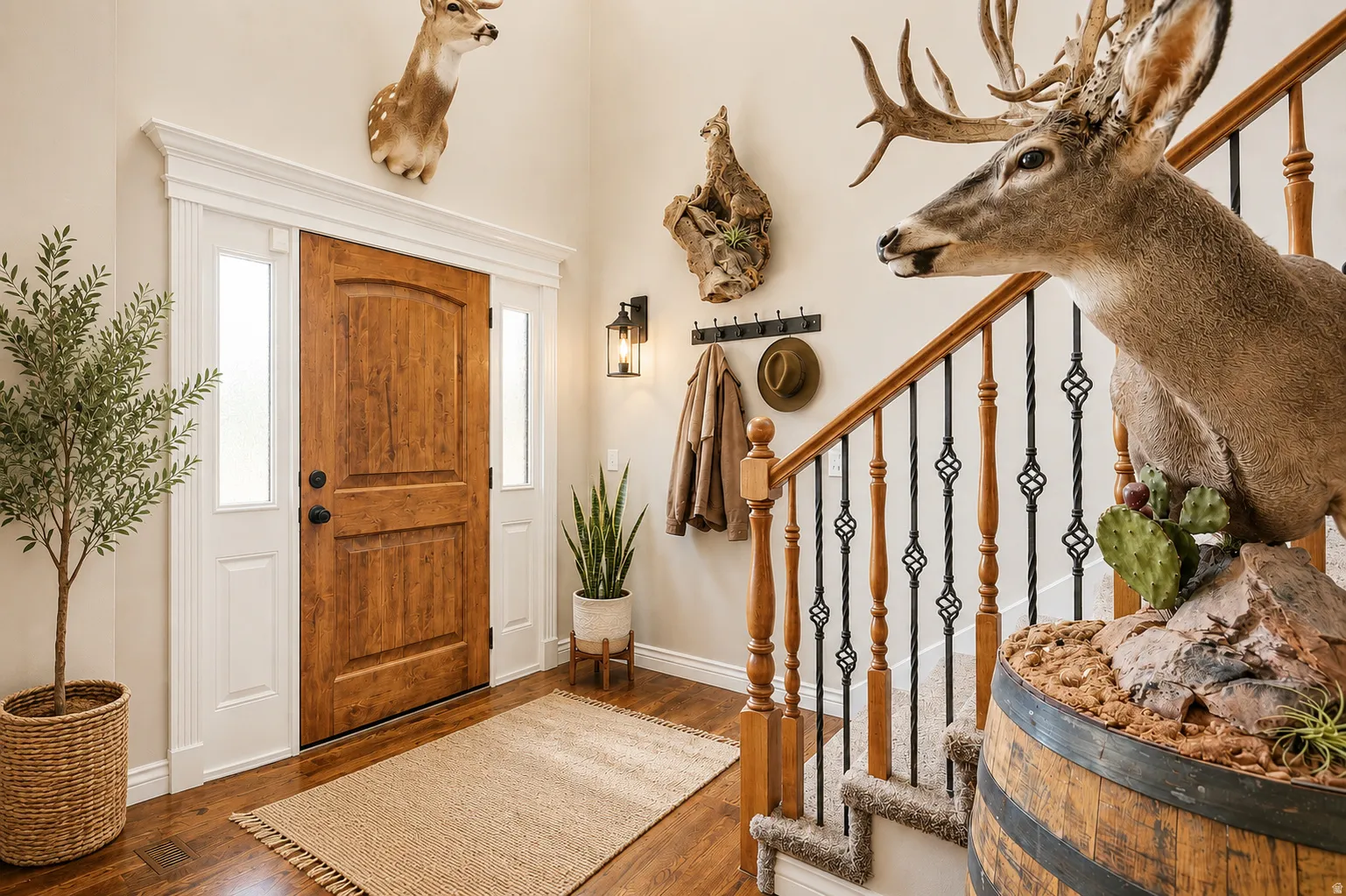 Hardwood entry flooring featuring a paneled wood-finish front door with sidelights
