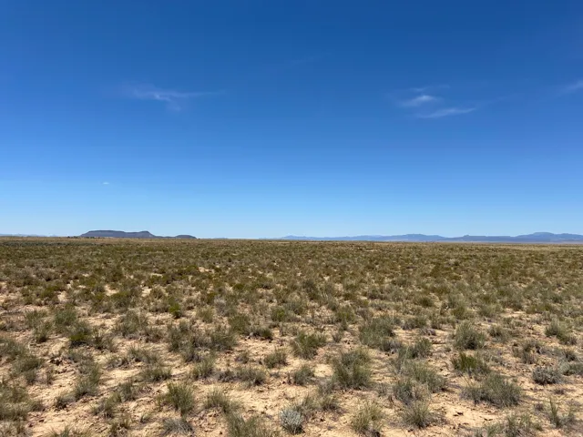 Expansive open land featuring natural desert vegetation, a clear blue sky, and distant mountain ranges