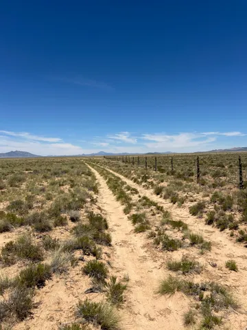 Expansive desert landscape featuring a dirt path, natural scrub brush, and a rustic fence line