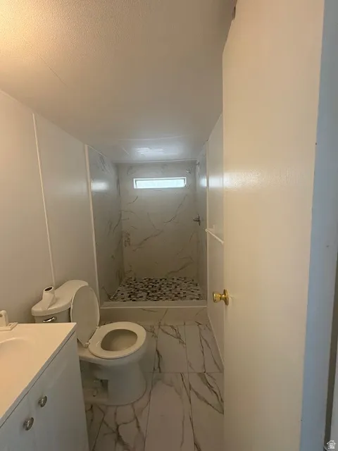Bathroom featuring a walk-in shower with pebble tile floor and marble-patterned wall tiles